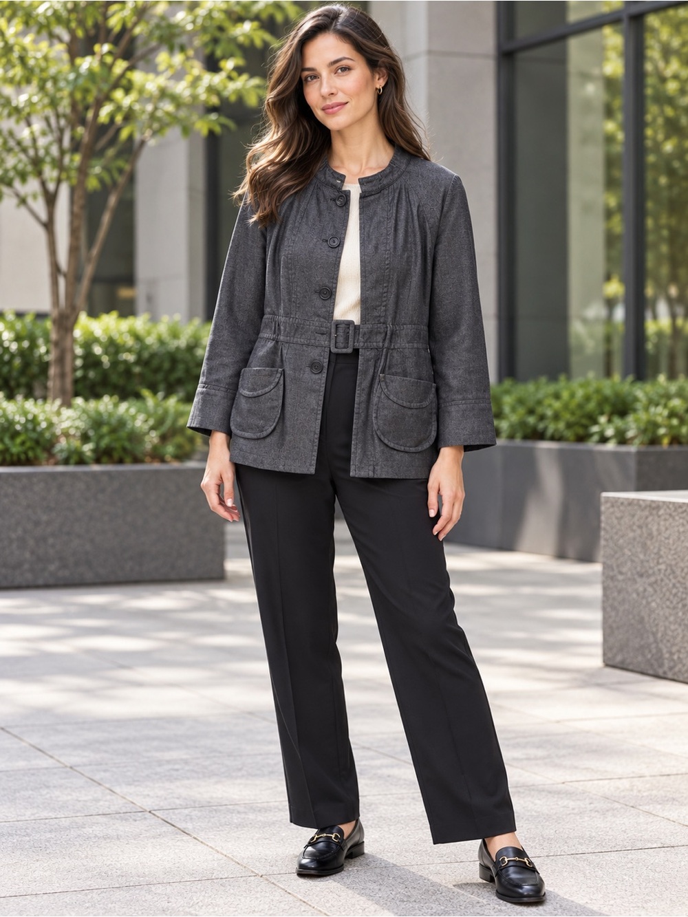 Willi Smith Women’s L Charcoal Gray Belted Button Front Jacket